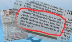A newspaper clipping is highlighted with red marker, focusing on text discussing creating a front-page style version with punchy stats and bold layout for maximum reader impact.