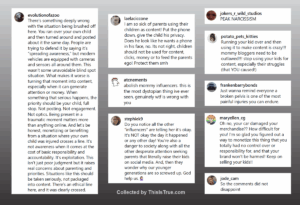 A collage of social media comments criticizing parenting bloggers and influencers. Texts express concerns about child privacy, exploitation, oversharing, and the negative impact on children featured in online content.