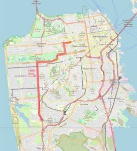A map of San Francisco showing neighborhoods, streets, parks, and main roads, with a highlighted route running north to south from Kaiser Hospital through the city toward Daly City.