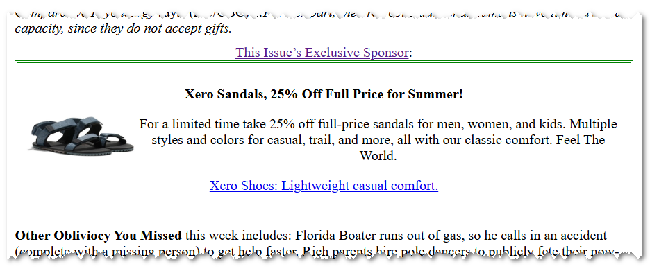 Screenshot of a segment of True's newsletter featuring an ad for Xero Sandals.