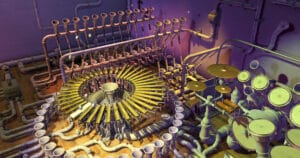 A complex arrangement of pipes and tubes forms a whimsical, mechanical musical instrument with drums, cymbals, and a large circular xylophone, all set in a room with purple and green lighting.