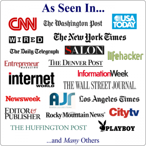 A collage featuring logos from media outlets such as CNN, The New York Times, USA Today, Wired, Salon, Lifehacker, Newsweek, Playboy, and others is shown with a heading that reads “As Seen In... and Many Others.”.