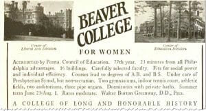 A vintage advertisement for Beaver College for Women features photos of campus buildings, academic divisions, a brief description of facilities, and dates for summer terms, highlighting moderate rates and a long, honorable history.