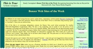 Screenshot of a web page titled Bonzer Web Sites of the Week. The page has a green and yellow color scheme with various text blocks and sidebar links.