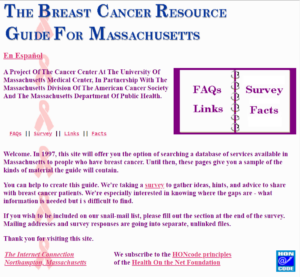 A screen shot of the web page for the Breast Cancer Resource Guide for Massachusetts, featuring navigation links for FAQs, survey, links, and facts; informational text about breast cancer resources; and highlighted links for related sites at the bottom.