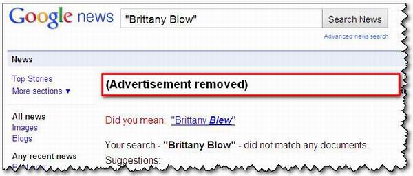Screenshot of a Google News search for Brittany Blow with a message stating no documents matched the search. A suggestion to search instead for Brittany Blew is shown.
