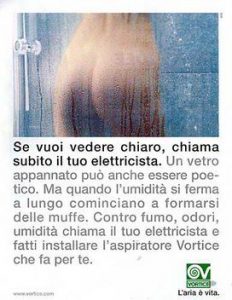 A fogged-up shower glass with a blurred outline of a person's behind behind it. The text promotes Vortice air extractors for removing humidity, smoke, and odors, suggesting calling an electrician for installation.