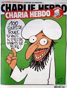 Cartoon figure wearing a white turban with a speech bubble saying, “100 coups de fouet, si vous n’êtes pas morts de rire!” on the cover of a magazine titled “Charlie Hebdo.”.