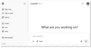 Screenshot of ChatGPT interaction screen. It's asking, "What are you working on?"