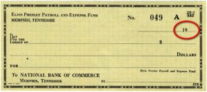 A blank check from Elvis Presley Payroll and Expense Fund in Memphis, Tennessee, with the year “19” preprinted and circled in red.