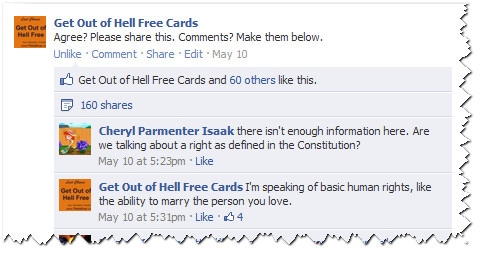 Screencap of a post on Get Out of Hell Free Cards' Facebook page asking, 'Agree? Please share this. Comments? Make them below.'