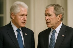Bill Clinton and George W. Bush in dark suits and ties, each wearing a small American flag pin, standing next to each other having a serious conversation against a neutral background.