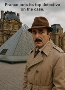 An image of Peter Sellers' embodiment of 'Inspector Clouseau' in a trench coat and brown hat, with a mustache, stands in front of the Louvre Pyramid in Paris. Text above reads, 'France puts its top detective on the case'.