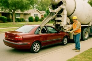 An AI-created image of a car pulled up to a concrete mixer. A construction worker is directing its chute to load the car with concrete through the side window.
