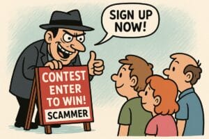 A sneaky-looking man in a suit and hat stands by a sign reading CONTEST ENTER TO WIN! SCAMMER and urges three people to Sign up now! in a speech bubble. The people look unsure.