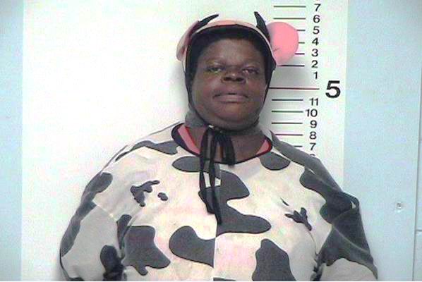 A woman dressed in a black and white cow costume stands against a height measurement chart with a neutral expression for a mug shot. The costume includes a headpiece with ears.