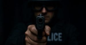 A police officer in tactical gear points a handgun directly at the camera, with the word POLICE partially visible on their uniform in the dimly lit background.