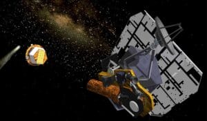 Illustration of a space probe near a comet, floating in outer space against a background of stars and a distant galaxy.