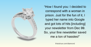 A photo of a diamond ring, with some text from the new reader's letter.