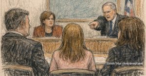 A machine-created courtroom-style sketch shows a a man angrily pointing at a young girl in front of him, who is flanked by her lawyers.