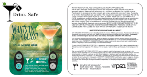 A drink safety info coaster showing a cocktail and a Date Rape Detector test with buttons for “one test” and “two tests.” Instructions, disclaimers, and safety information appear on the right, with the Drink Safe logo in the top left corner.