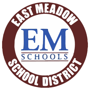 A circular logo with a maroon border that reads EAST MEADOW SCHOOL DISTRICT and a blue EM SCHOOLS in the center.