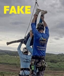 A photo showing a multipoint crane holding up a prone woman while three men under her are also holding her up. Large block letters declare the photo is 'FAKE'.