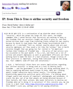 Screenshot of an email from David Farber on the Interesting People mailing list, dated Nov 17, 2001, sending Randy Cassingham's discussion airline security, freedom, and concerns about increased security measures after the 9/11 terrorist attacks.