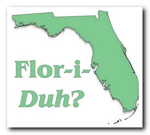 A green outline of the state of Florida with the words “Flor-i-Duh?” in matching green lettering next to it.