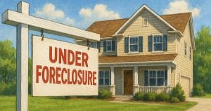 An illustration of a two-story house with a yard and a large sign in front that reads UNDER FORECLOSURE in red letters. The sky is blue with some clouds, and trees surround the property.