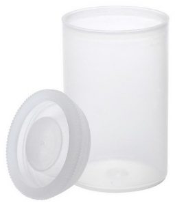 A transparent plastic container with a matching round lid placed next to it, both on a plain white background. The container is cylindrical and the lid has a textured edge for grip.