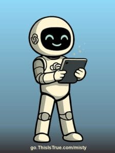 A friendly cartoon AI robot with a smiling face stands on a blue background, holding and looking at a tablet.