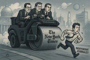 The illustration shows three men dressed in suits driving a steam roller marked "New York Times", chasing after a running man labeled "Independent Journalist".