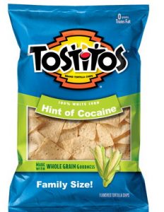 A bag of Tostitos tortilla chips has been smoothly modified to show its flavor as "Hint of Cocaine".