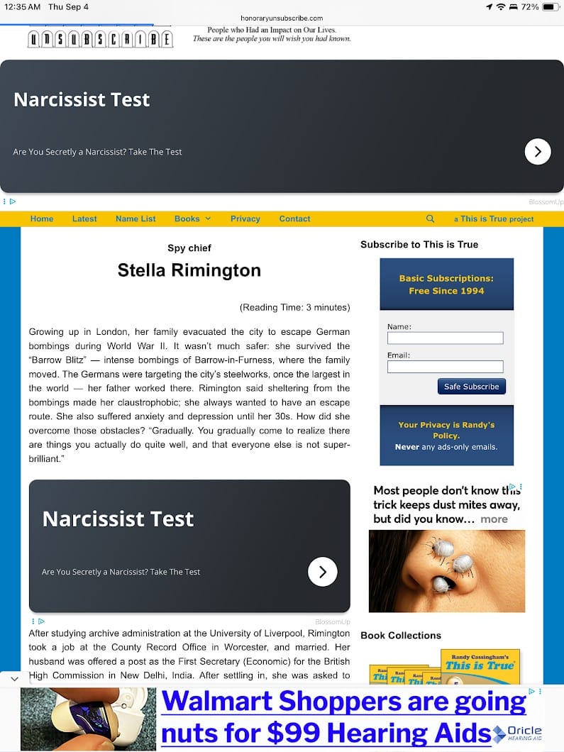Screenshot of an Honorary Unsubscribe page for Stella Rimington, dominated by ads for a 'Narcissist Test' (twice), an ad for hearing aids, facial/nasal dust mites, and Walmart hearing aids.