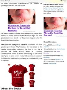 Screenshot of a the Honorary Unsubscribe home page dominated with ads about facial hair removal, and T-shirts.