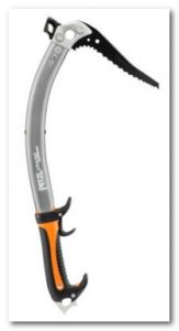 A curved ice axe with a black pick, an orange and black handle, and silver shaft, designed for ice climbing and mountaineering.