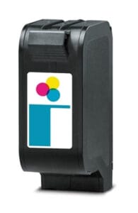 Black printer ink cartridge with a white label featuring cyan, magenta, and yellow circles above a large cyan rectangle. The cartridge is standing upright against a white background.