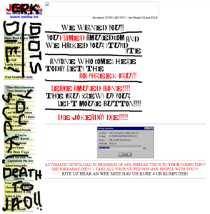 A 1990s-era web page with bright, clashing fonts and colors, with "hand"-written slurs and threats.