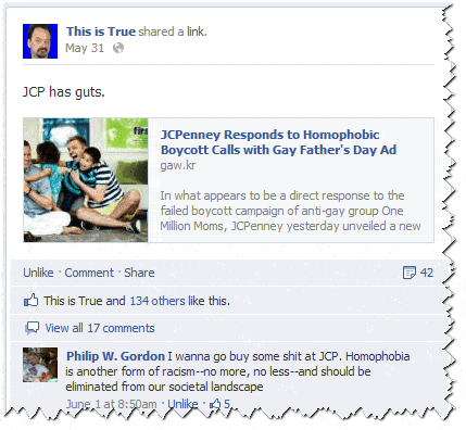 A screenshot of a Facebook post on the This is True page. It's linked to a Gawker article showing two dads playing with their children. Randy's comment on it is, 'JCP has guts.'