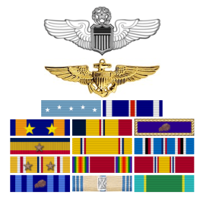 Foss's uniform badges (United States Air Force Command Pilot Badge, Naval Aviator Badge) and ribbons, topped by the Medal of Honor, and the Distinguished Flying Cross.