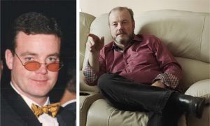 Side-by-side photos: on the left, a young John Bobbitt with short dark hair wearing small round glasses with colored lenses, a bow tie, and a dark suit; on the right, a much older, bearded Bobbitt in a purple shirt sitting casually on a cream sofa, pointing forward.