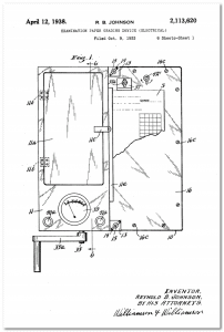 Patent drawing of an examination paper grading device, featuring a rectangular machine with a dial, labeled switches, and internal components. The patent is dated April 12, 1938, by R.B. Johnson.