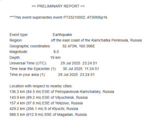 A preliminary report details an 8.0 magnitude earthquake off the east coast of Kamchatka Peninsula, Russia, listing coordinates, depth, date, time, and distances to the nearest cities.