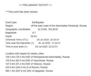 Preliminary earthquake report: Magnitude 8.7 off the east coast of Kamchatka, Russia; 18 km depth; occurred 29 July 2025; lists affected cities and distances, epicenter coordinates, and revised event notice.