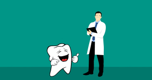 Illustration of a smiling dentist in a white coat holding a clipboard, standing next to a happy cartoon tooth giving a thumbs up, set against a teal background.