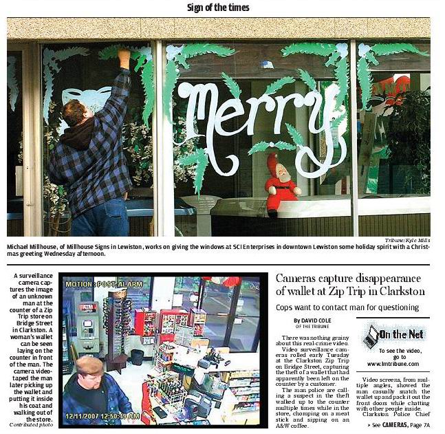 A heavy-set man in a blue-plaid jacket paints windows with Christmas designs while a Santa doll sits inside. Below, a security camera image shows a heavy-set man in a blue-plaid jacket at a counter in a convenience store. Newspaper headlines discuss surveillance and a missing wallet.