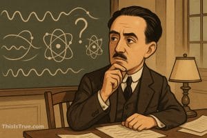 An illustration of French physicist Louis de Broglie sitting at a desk, looking thoughtfully to the side with his chin resting on his hand. Behind him, a chalkboard displays atomic symbols and a large question mark.