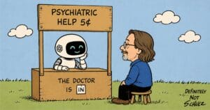 A robot sits at a wooden booth labeled PSYCHIATRIC HELP 5¢, THE DOCTOR IS IN, offering advice to a man with glasses and long hair who sits on a stool facing the robot. The scene is outdoors with clouds and grass. It is in the cartoon style of Charles Schulz, but proclaims in the lower corner, 'Definitely Not Schulz'.