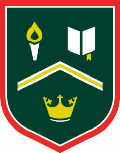A dark green crest with a red border, featuring a yellow torch, an open book, a yellow chevron, and a yellow crown.